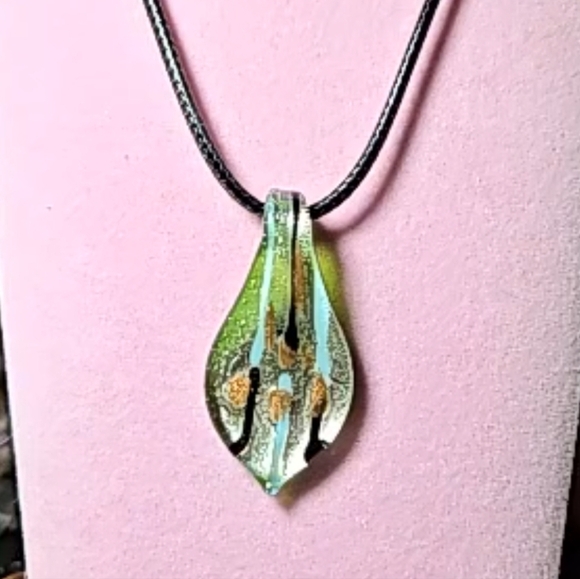 Handmade Jewelry - HANDMADE Fused Dichroic Glass Pendant in Silver/Green/Blue/Copper/Black